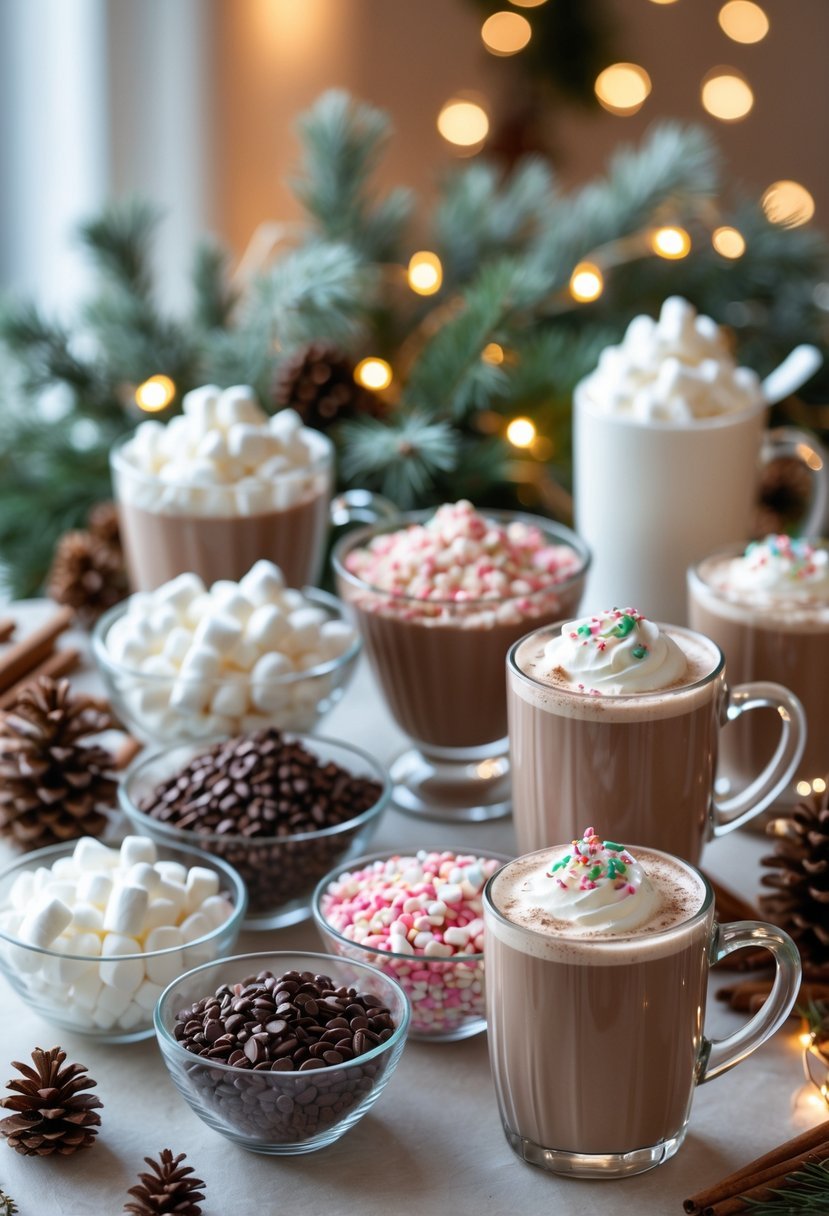 A hot cocoa bar with various toppings like marshmallows, chocolate chips, and peppermint arranged on a decorated table for a winter baby shower.