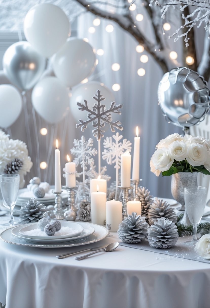 A winter baby shower setup with white and silver decorations, including candles, snowflakes, balloons, and flowers arranged on a decorated table.