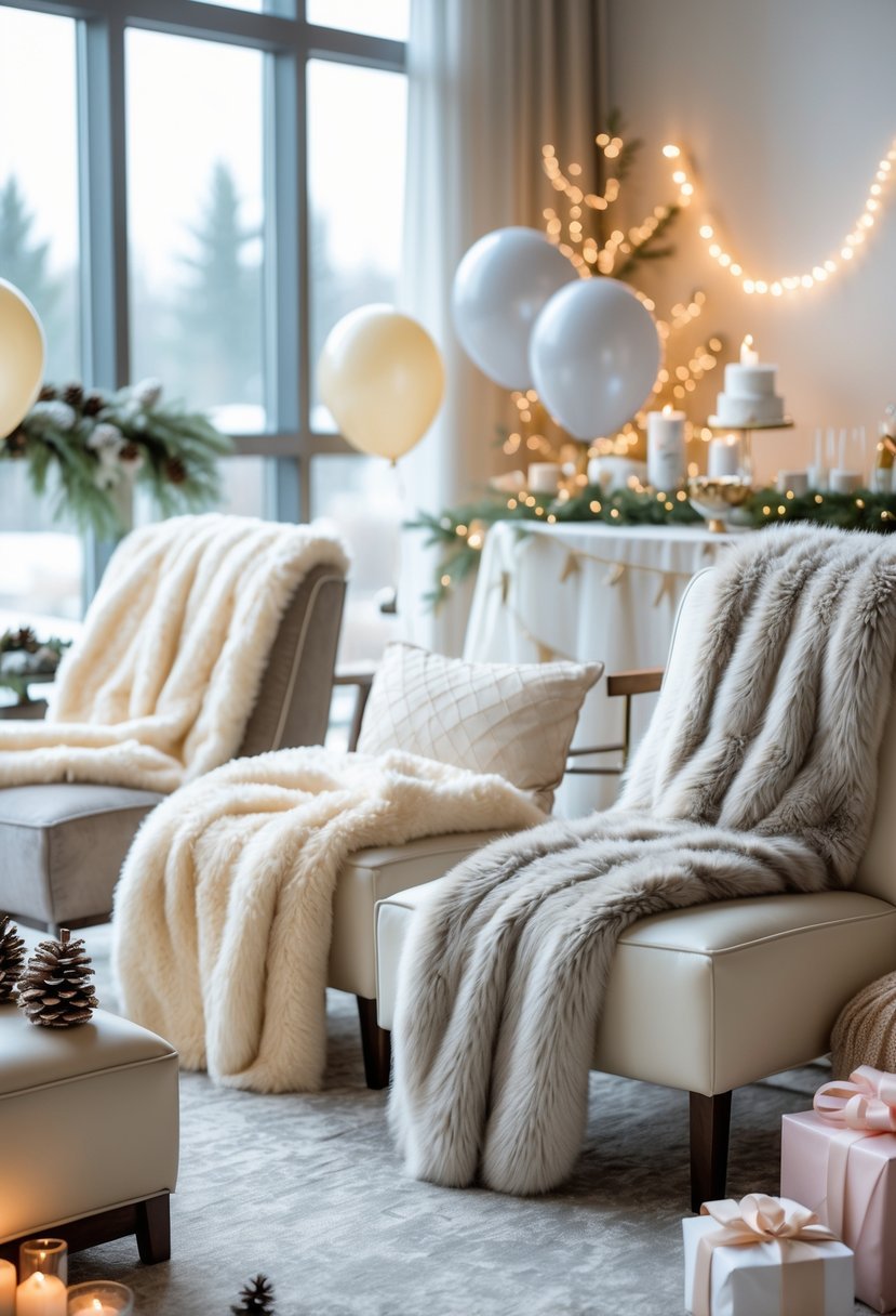 Indoor winter baby shower setup with seating covered in soft faux fur throws, decorated with winter-themed accents and baby shower decorations.