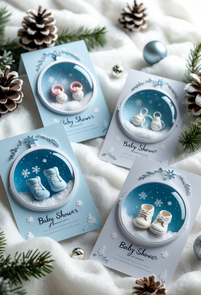 A set of winter-themed baby shower invitation cards designed as snow globes, surrounded by pinecones and evergreen branches on a white surface.