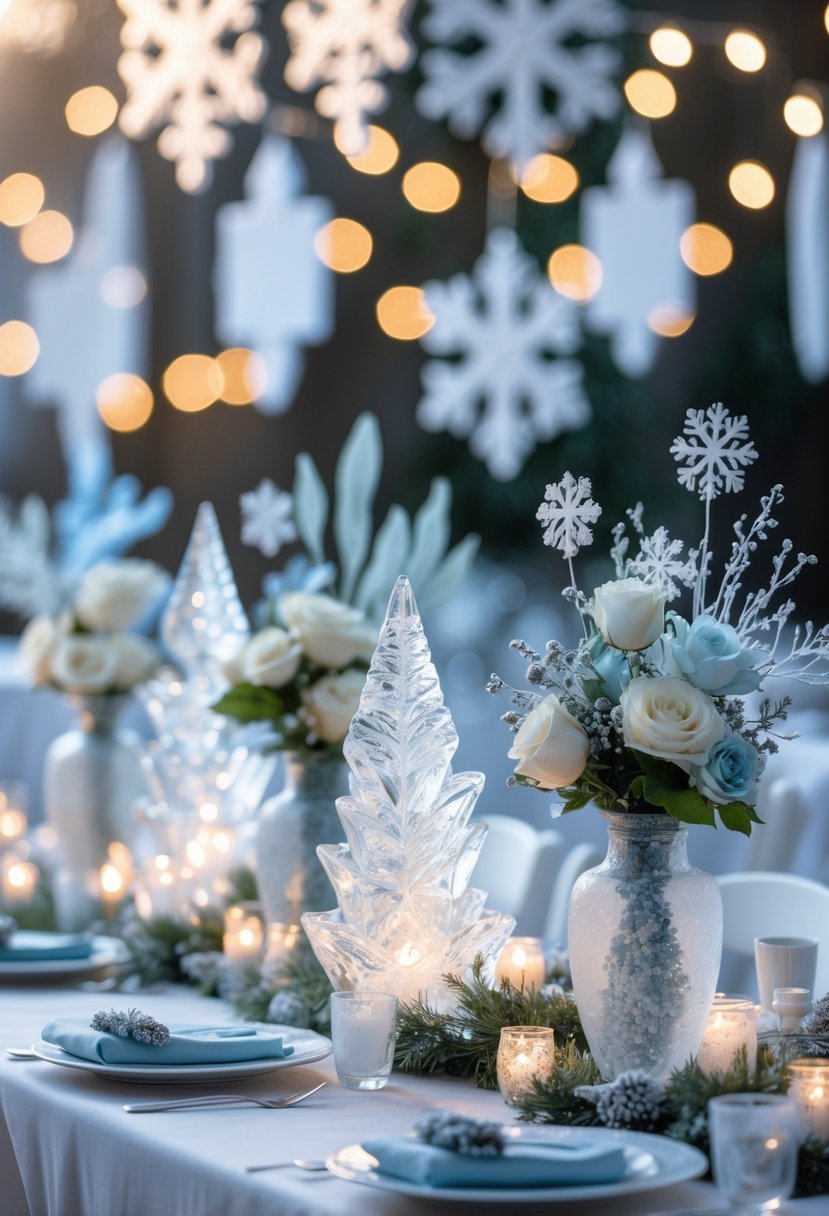 A table decorated with ice crystal centerpieces, white and pale blue flowers, and winter-themed decorations for a baby shower.