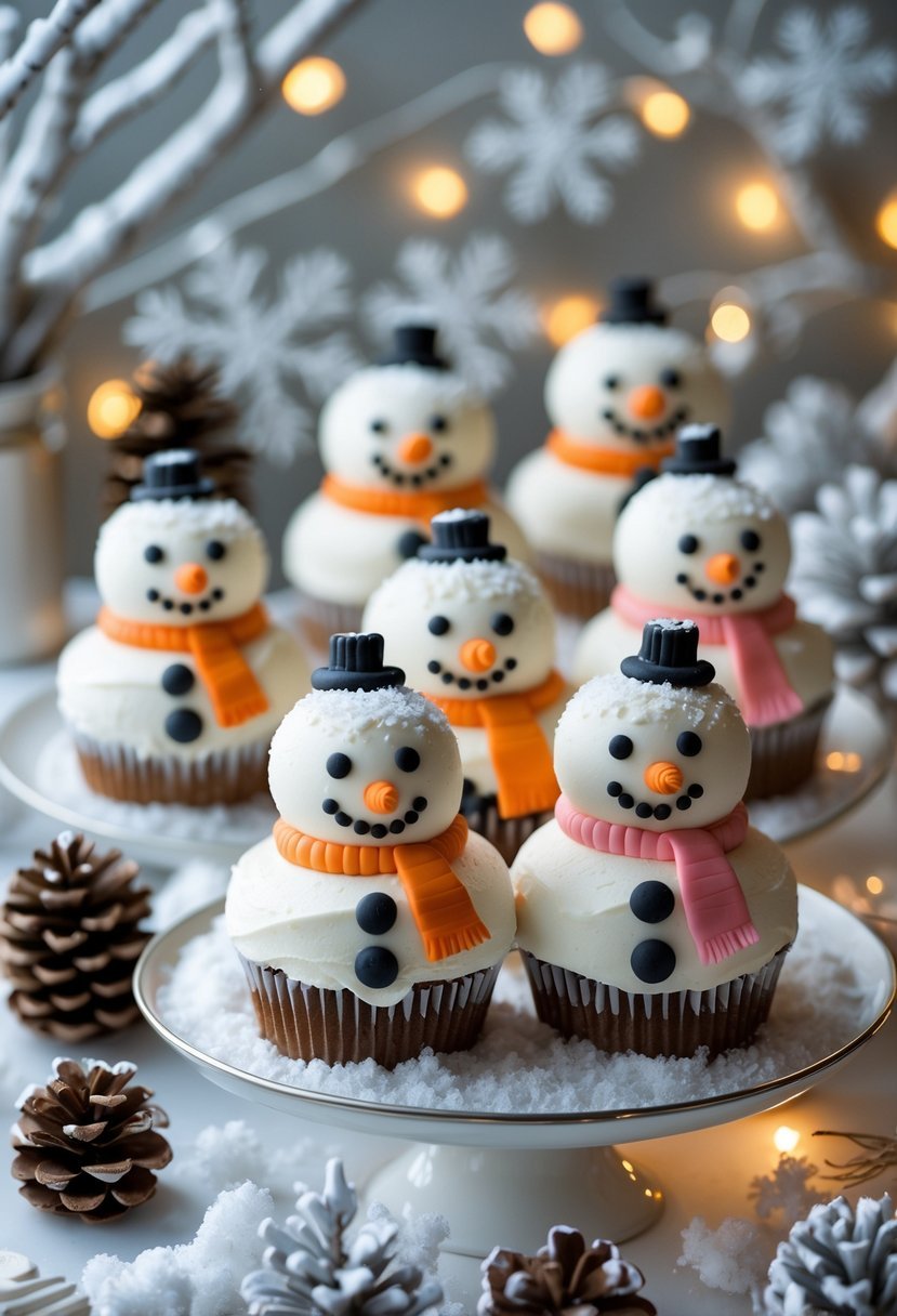 A table with snowman-shaped cakes and cupcakes decorated for a winter baby shower, surrounded by snowy decorations and warm lights.
