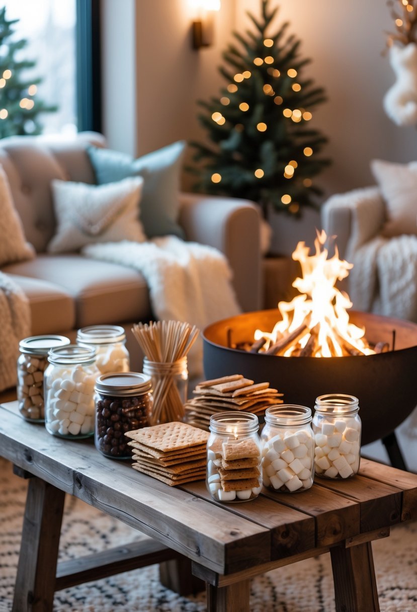 Indoor winter baby shower with a s'mores station next to a glowing indoor fire pit, surrounded by cozy seating and winter decorations.