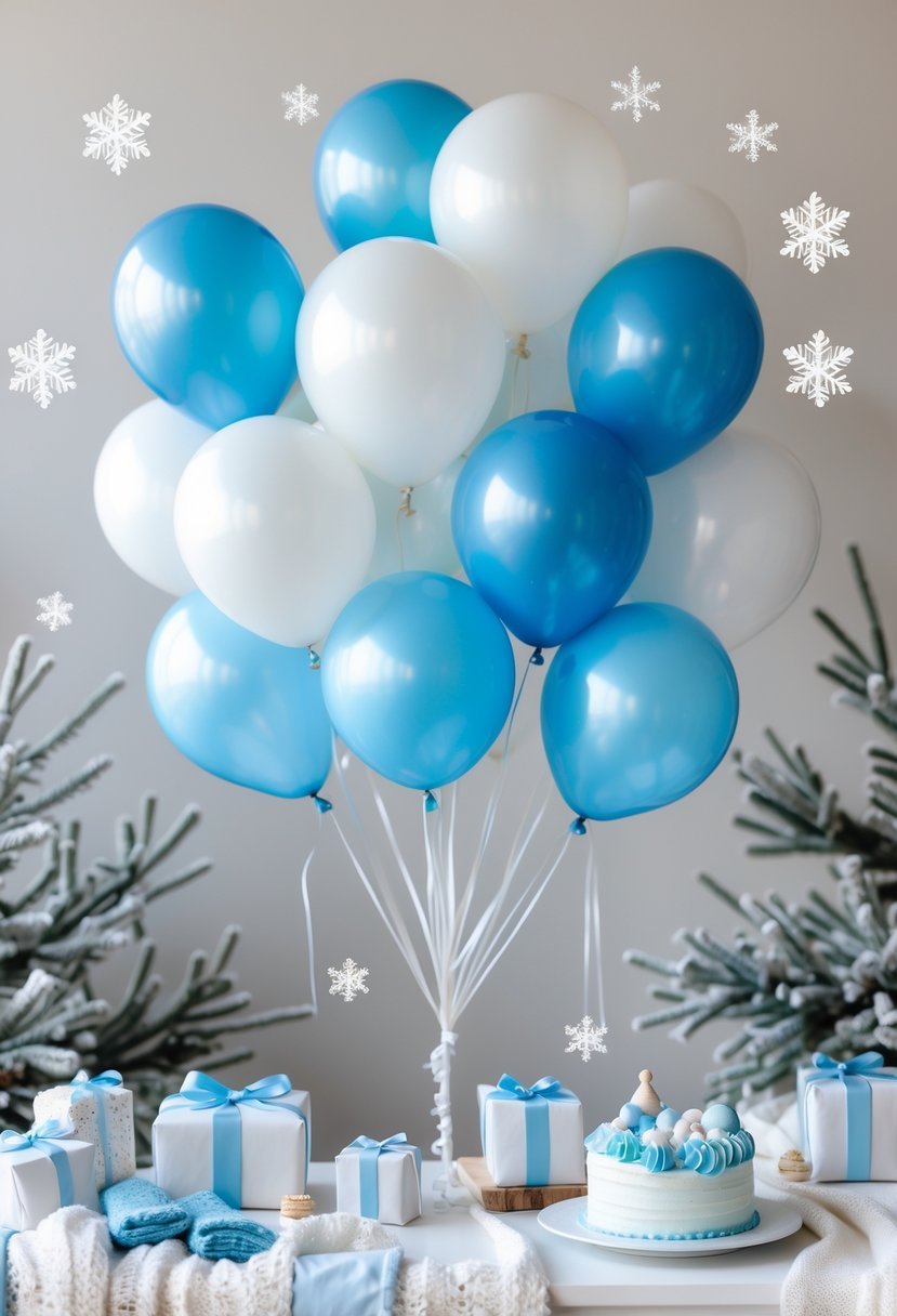 A winter baby shower setup with blue and white ombre balloons and winter-themed decorations on a cozy table.