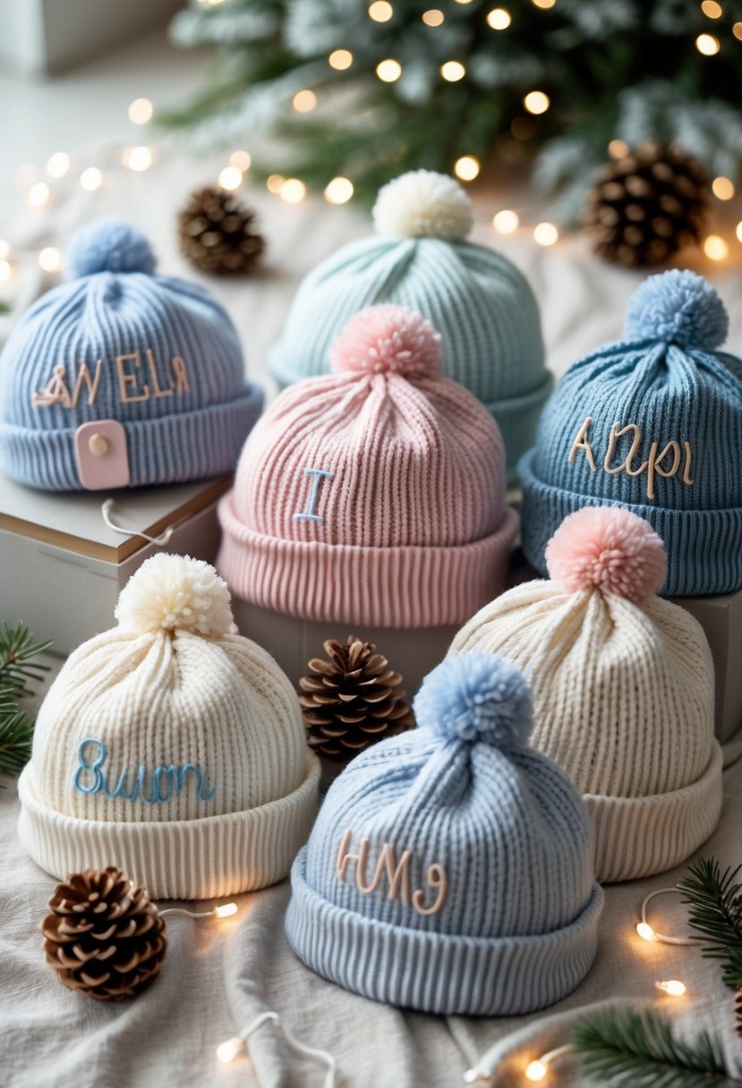 A collection of pastel-colored knit baby hats with personalized embroidery arranged with winter-themed decorations on a soft surface.