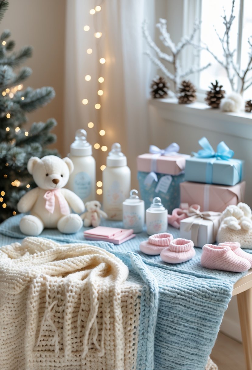 A winter-themed baby shower gift station with a soft knitted blanket, baby toys, and winter accessories arranged on a decorated table.