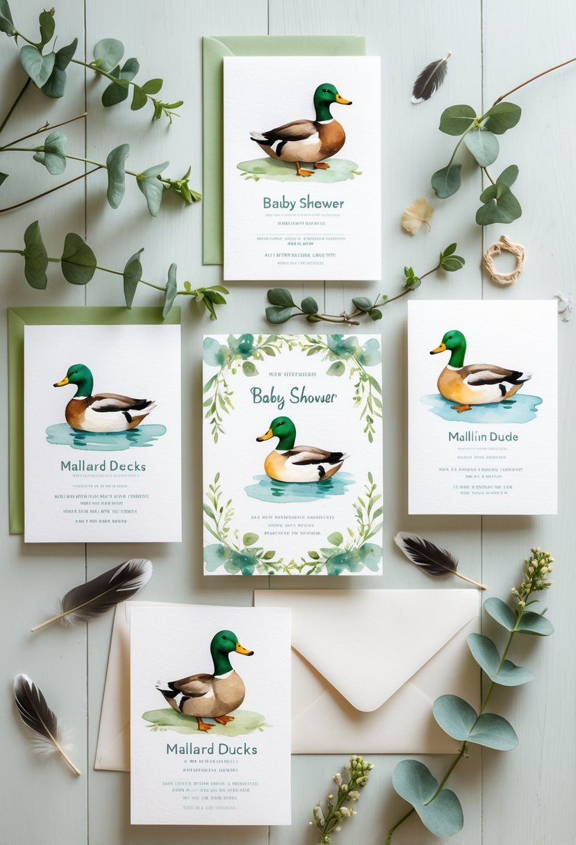 A collection of baby shower invitations featuring watercolor illustrations of mallard ducks and ducklings arranged on a wooden surface with natural decorative elements.