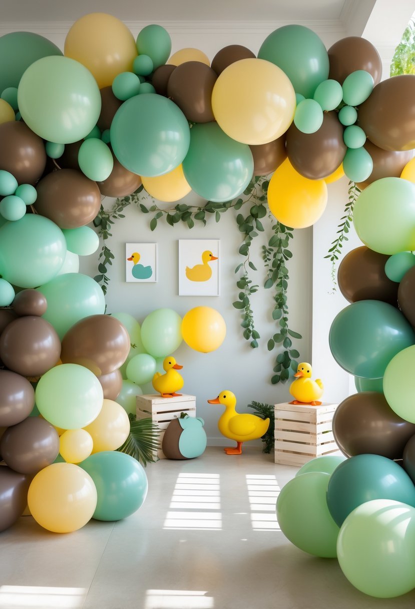 A baby shower setup with green, brown, and yellow balloon garlands and small mallard duck decorations.