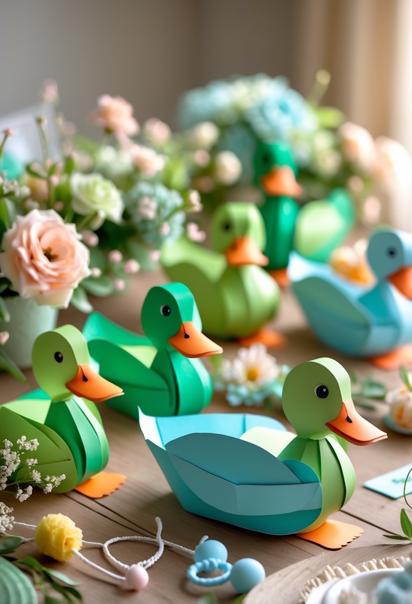 A table displaying 15 colorful paper mallard duck centerpieces decorated with baby shower items and flowers.