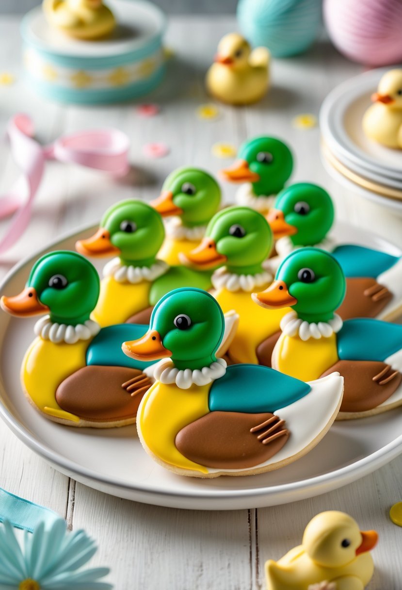 A plate of mallard duck-shaped cookies decorated with colorful icing, surrounded by baby shower decorations.