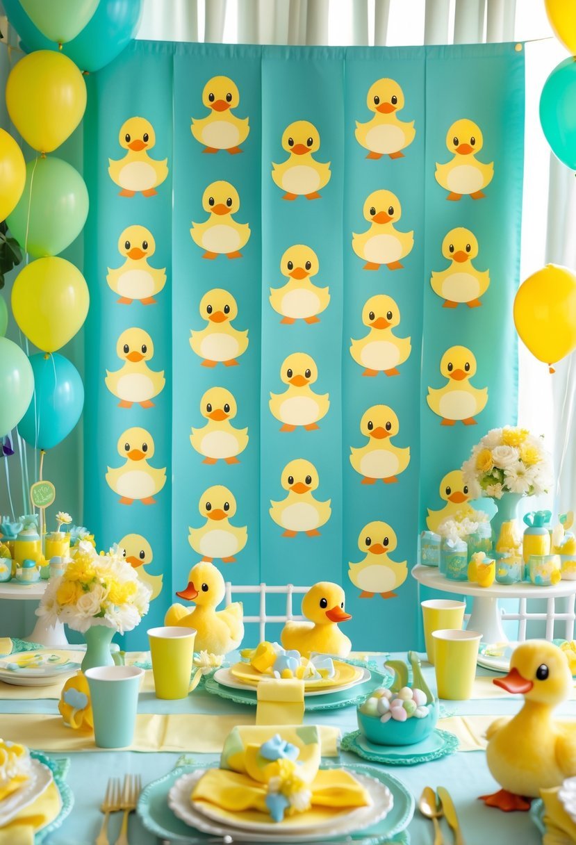 A baby shower setup with a banner featuring 15 mallard duck illustrations, surrounded by duck-themed decorations and table settings.
