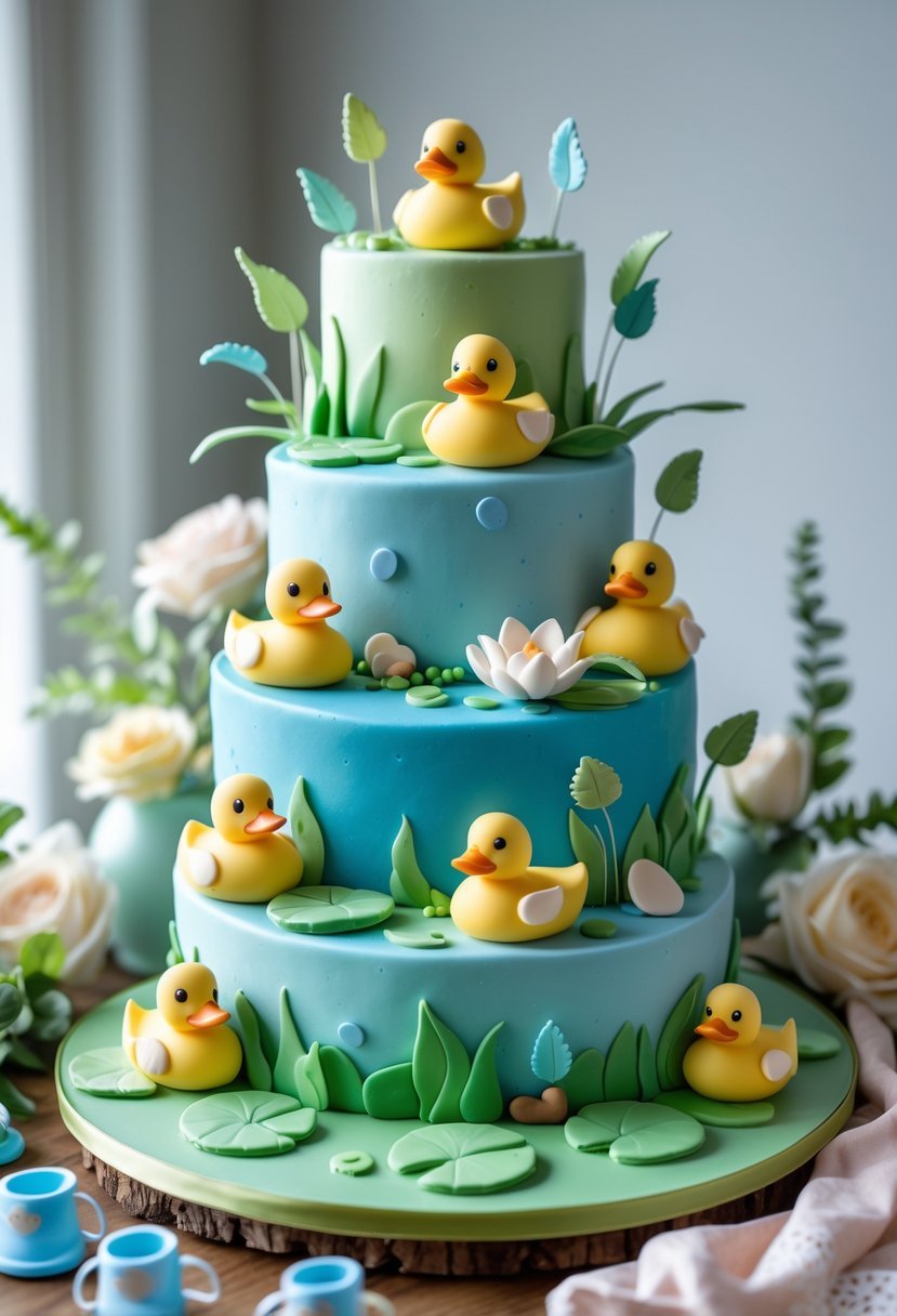 A multi-tiered cake decorated to look like a pond with small mallard duck figures and baby shower decorations around it.