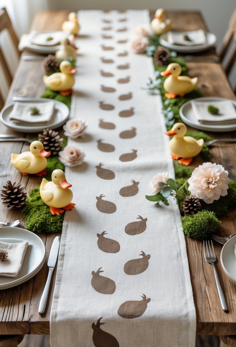 A woodland-themed table runner with duck footprints on a wooden table, decorated with mallard duck baby shower items and natural elements.