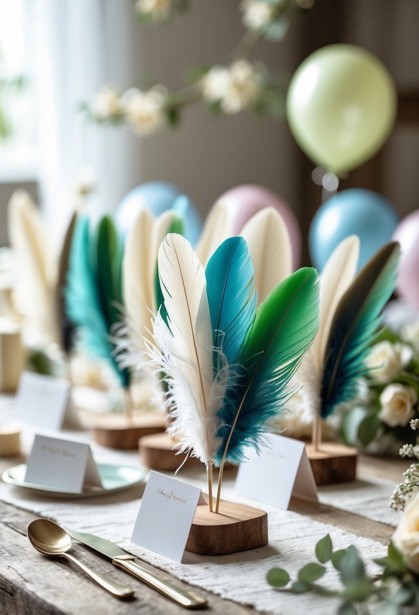 A table set for a baby shower with 15 mallard duck feather place card holders arranged neatly, surrounded by soft pastel decorations and greenery.