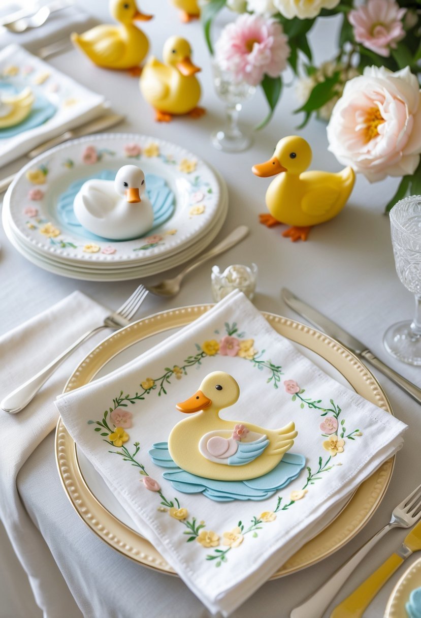 A table set with personalized napkins decorated with mallard duck patterns surrounded by baby shower decorations.