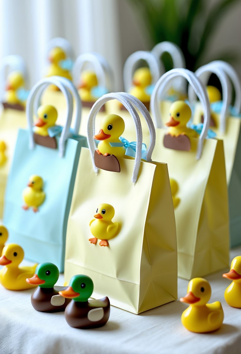 A table with pastel-colored goodie bags and duck-shaped chocolates arranged for a baby shower.