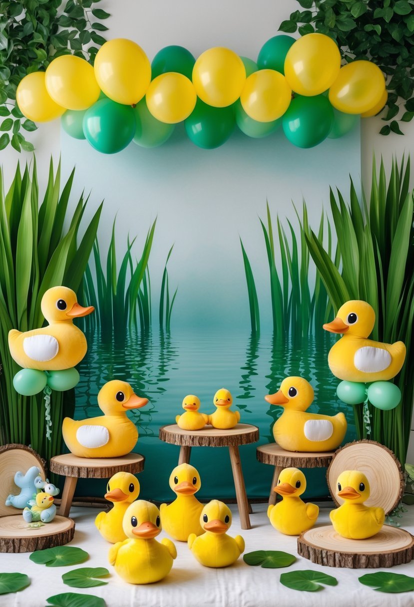 A baby shower photo booth setup with a pond backdrop and 15 mallard duck-themed decorations including plush ducklings and balloons.
