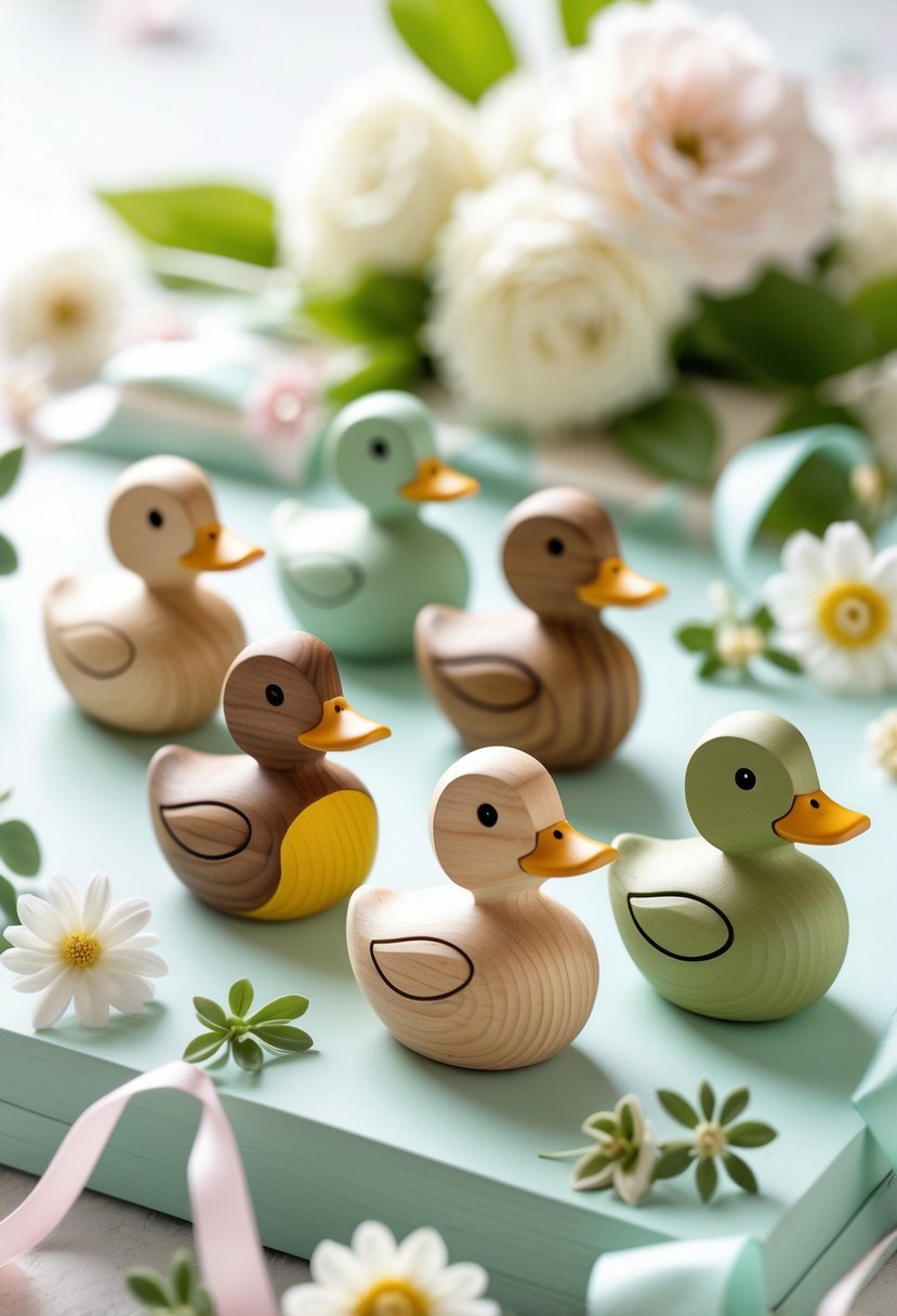 Miniature wooden duckling favors arranged with baby shower decorations on a pastel surface.