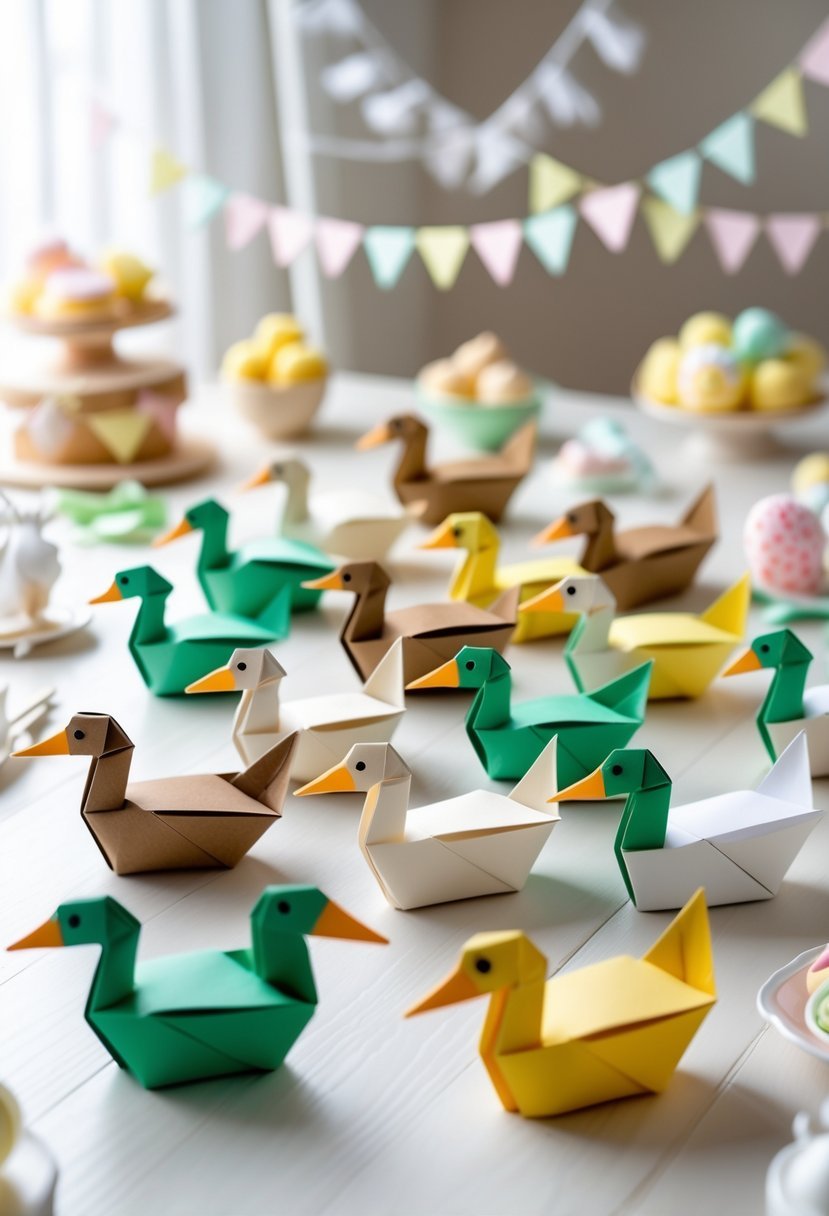 A table displaying 15 colorful origami mallard duck decorations arranged with baby shower items around them.