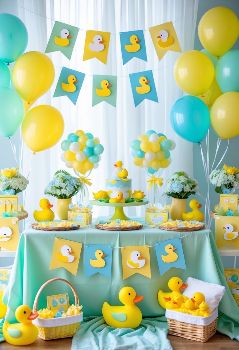 A baby shower table decorated with mallard duck themed games, party favors, and colorful decorations.