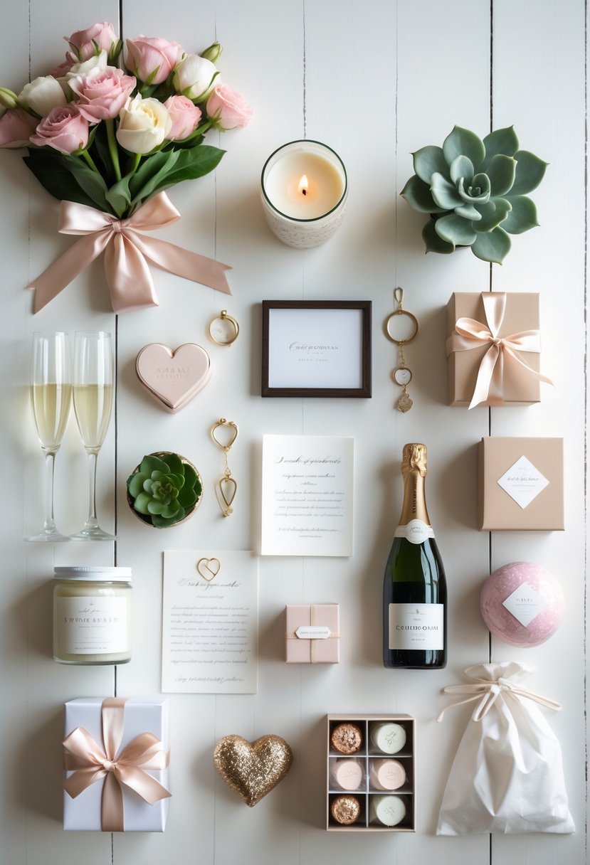 A flat lay of 15 different engagement gift items arranged on a white wooden surface, including flowers, champagne flutes, chocolates, a photo frame, and decorative boxes.