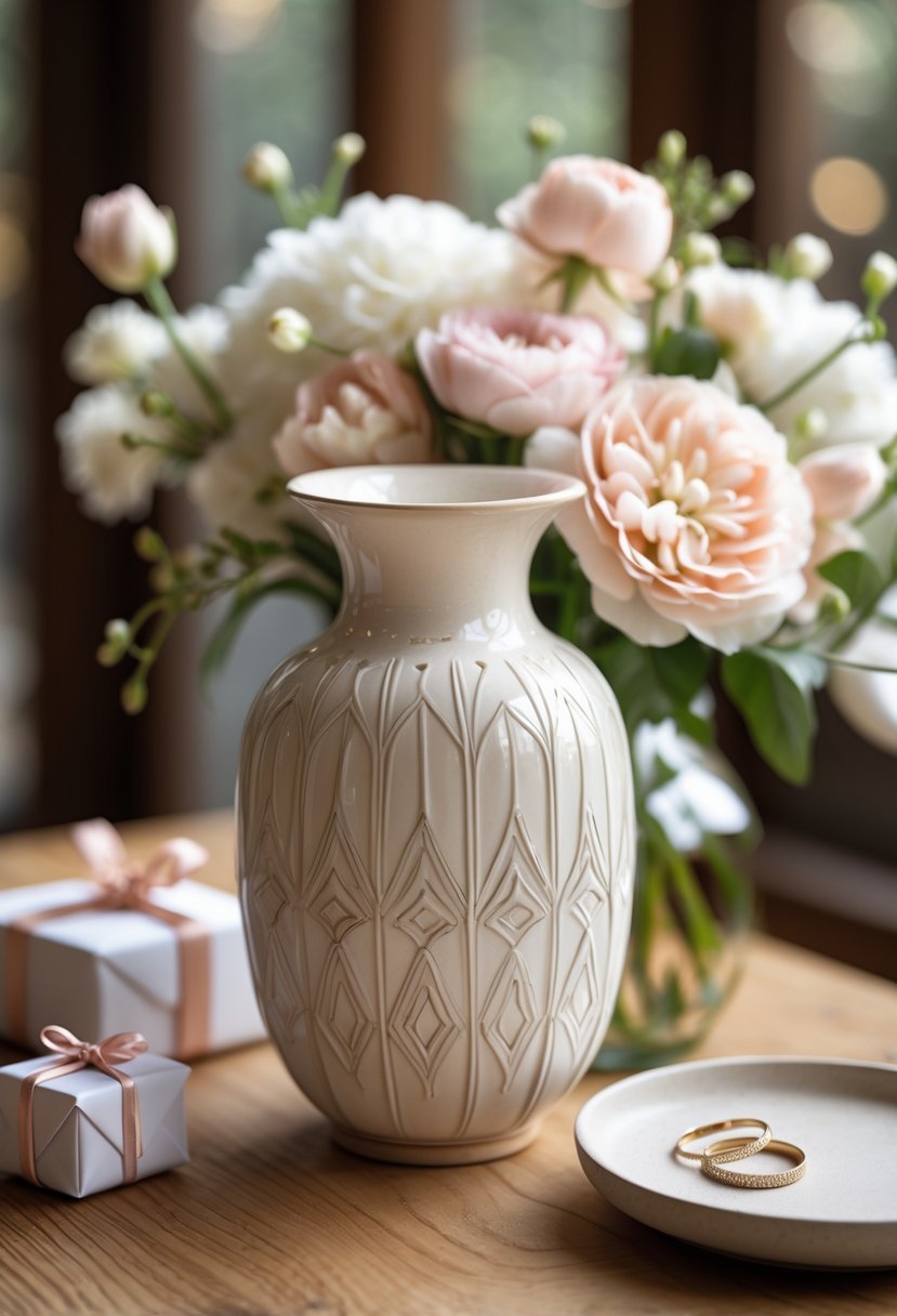 A ceramic vase on a wooden table surrounded by a small gift box, wedding rings on a dish, and a bouquet of flowers.