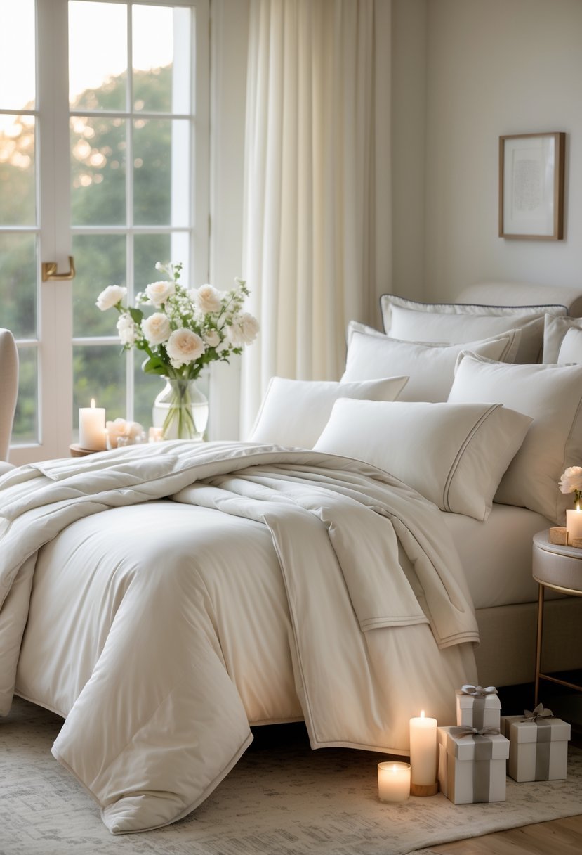 A neatly made bed with luxurious white and cream bedding near a window, with a bedside table holding flowers, candles, and wrapped gift boxes.