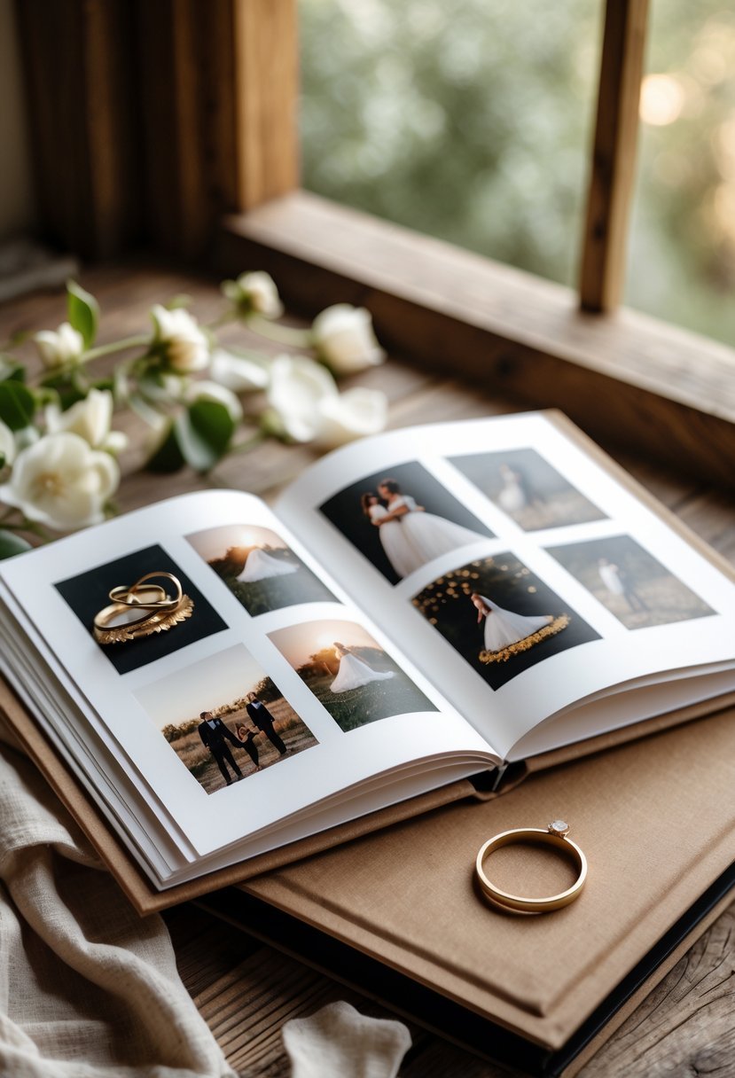 An open custom photo album on a wooden table with engagement-themed decorations including a gold ring and flower petals.