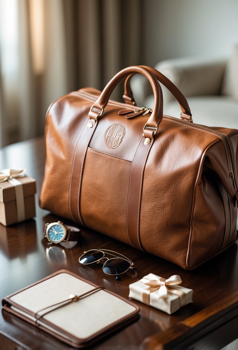A brown leather travel bag with a monogram sits on a wooden surface surrounded by a wristwatch, a wrapped gift box, a journal, and sunglasses.