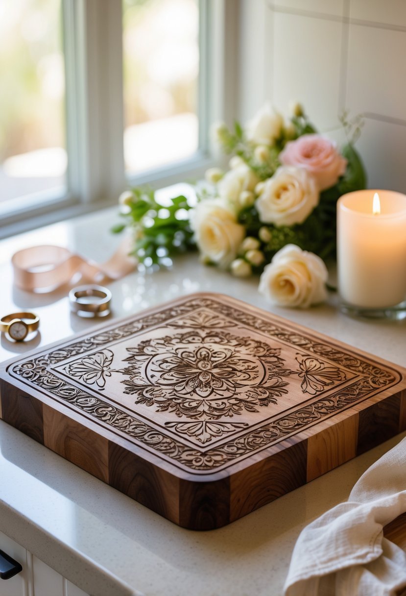 An engraved wooden cutting board on a kitchen countertop surrounded by flowers, wedding rings, and a candle.