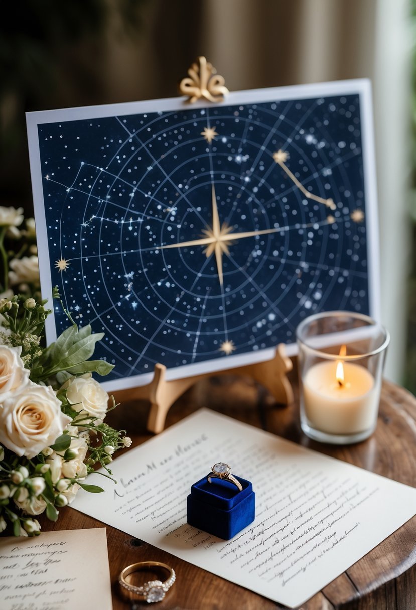 A custom star map on a wooden table surrounded by engagement gifts like a ring box, flowers, a love letter, and a lit candle.