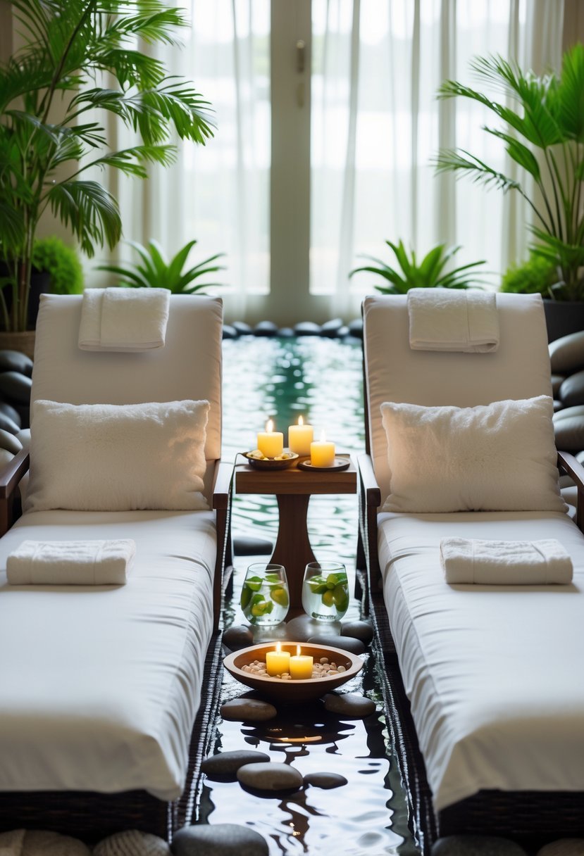 A peaceful spa room with two lounge chairs, candles, flower petals, and a small water fountain creating a relaxing environment for couples.