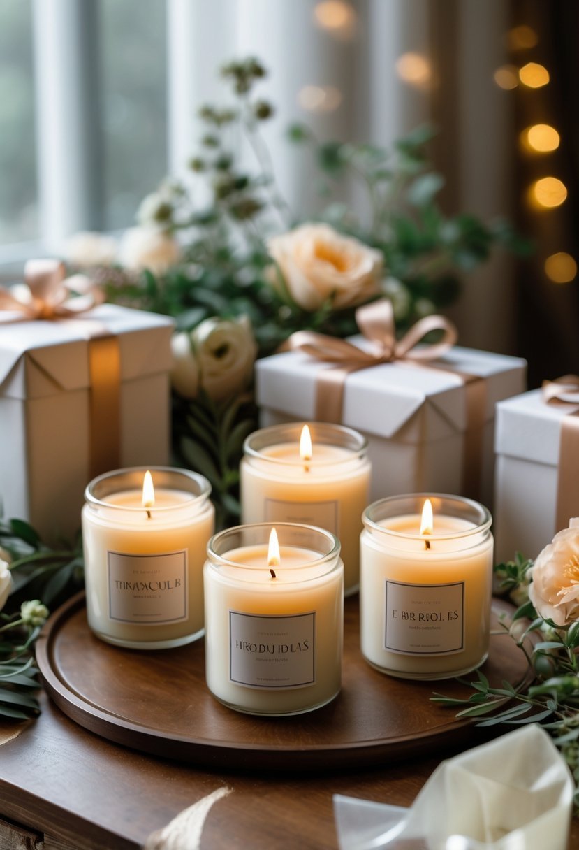 A set of luxury scented candles arranged with flowers and gift wrapping on a wooden surface.