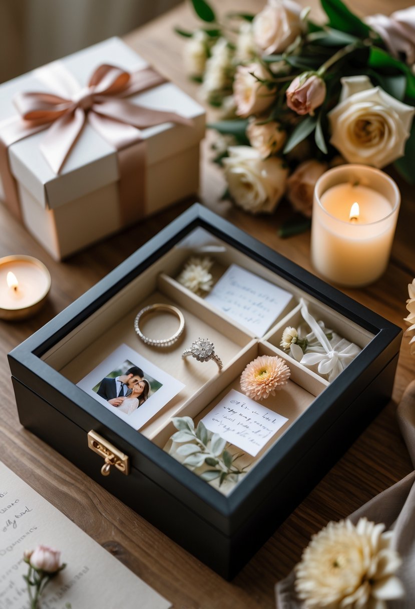 A shadow box with engagement keepsakes including a ring, photo, dried flowers, and notes, surrounded by gift items on a wooden table.