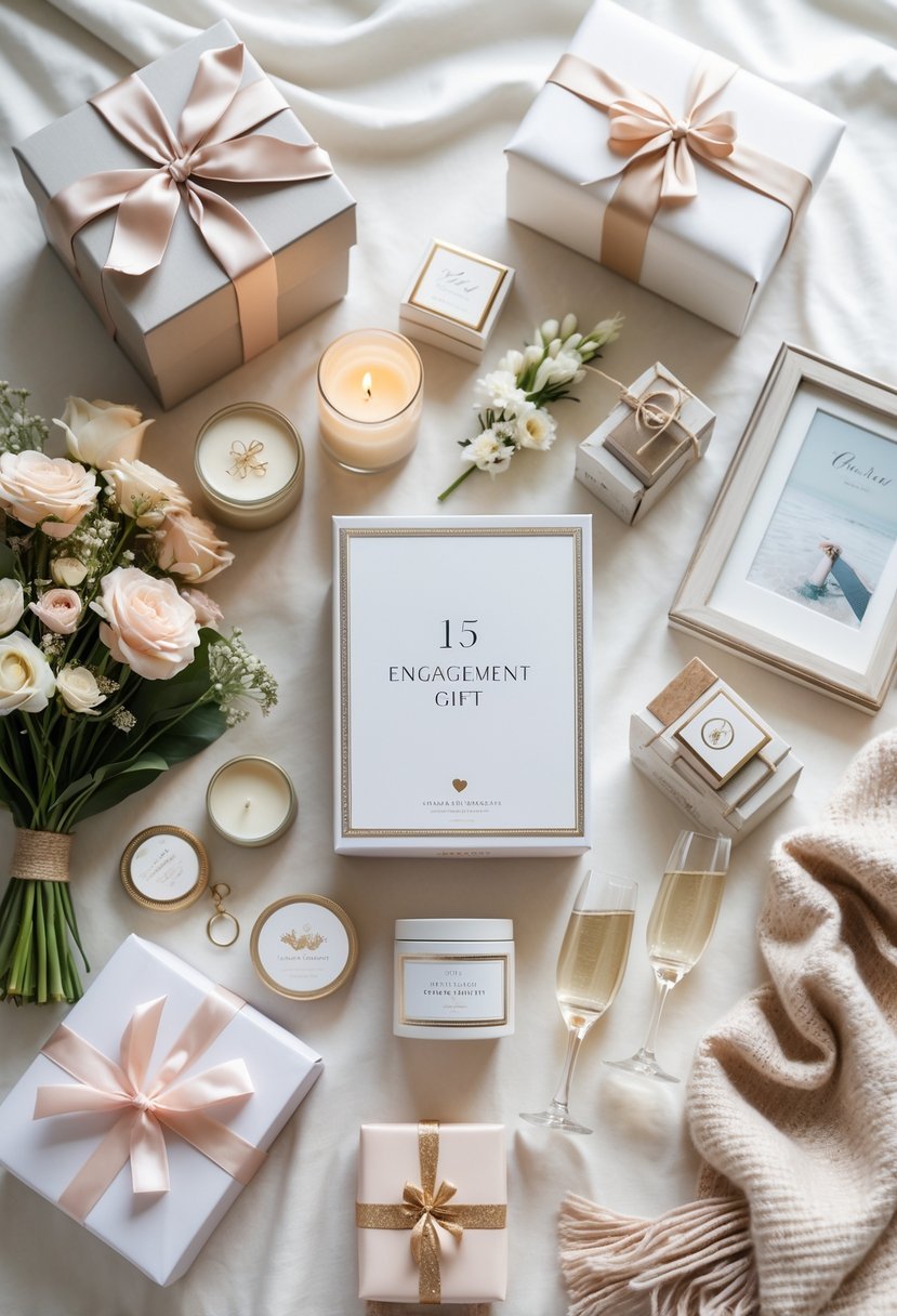 Flat lay of 15 engagement gift items including a bridal magazine subscription box, jewelry, candles, flowers, and champagne flutes arranged on a white fabric background.