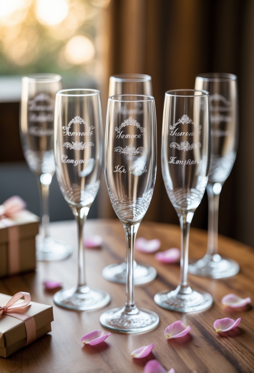 A set of personalized champagne flutes engraved with names on a wooden table surrounded by rose petals and a small gift box.