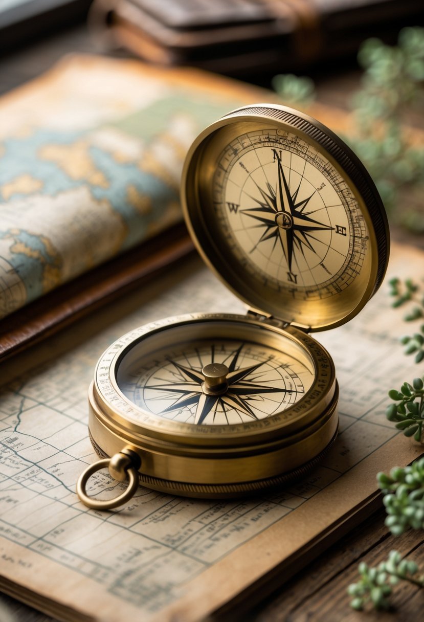 An engraved brass compass resting on a wooden surface with a vintage map and journal nearby.