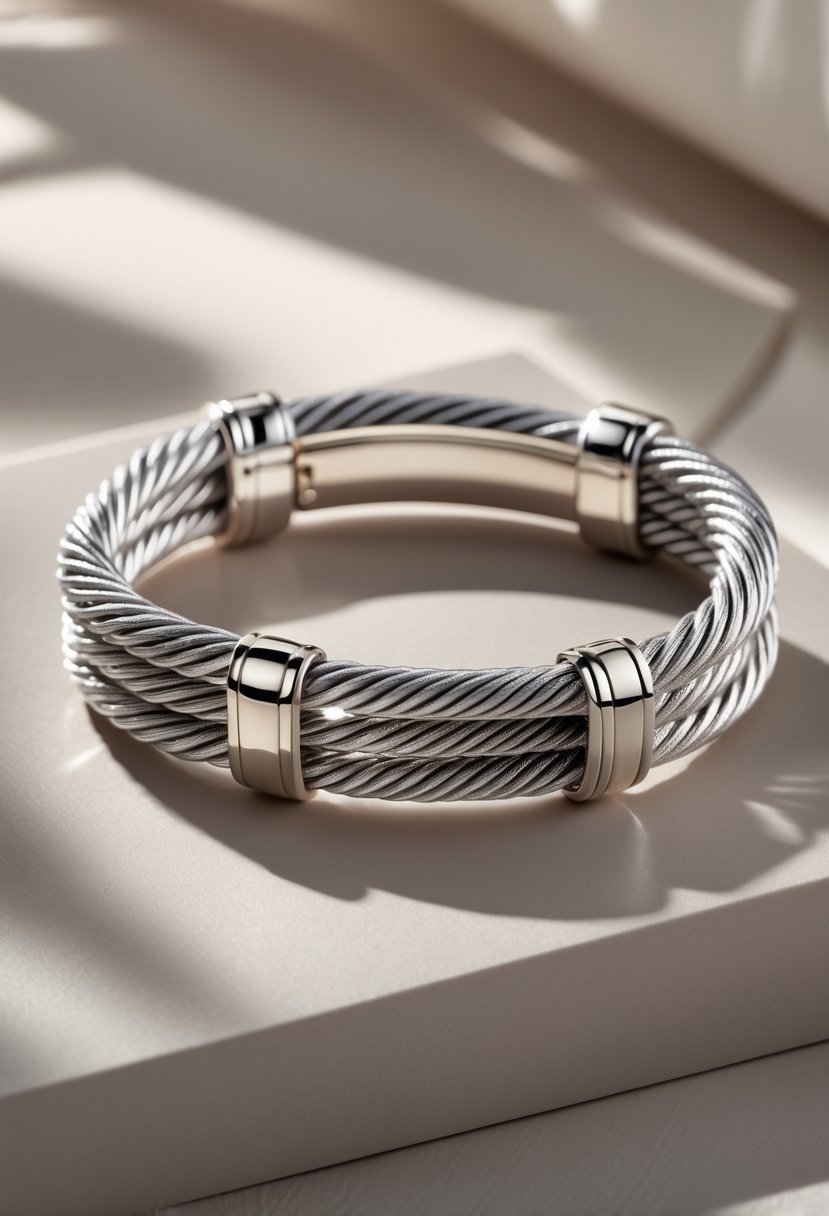 Close-up of a silver twisted cable bracelet resting on a smooth surface.