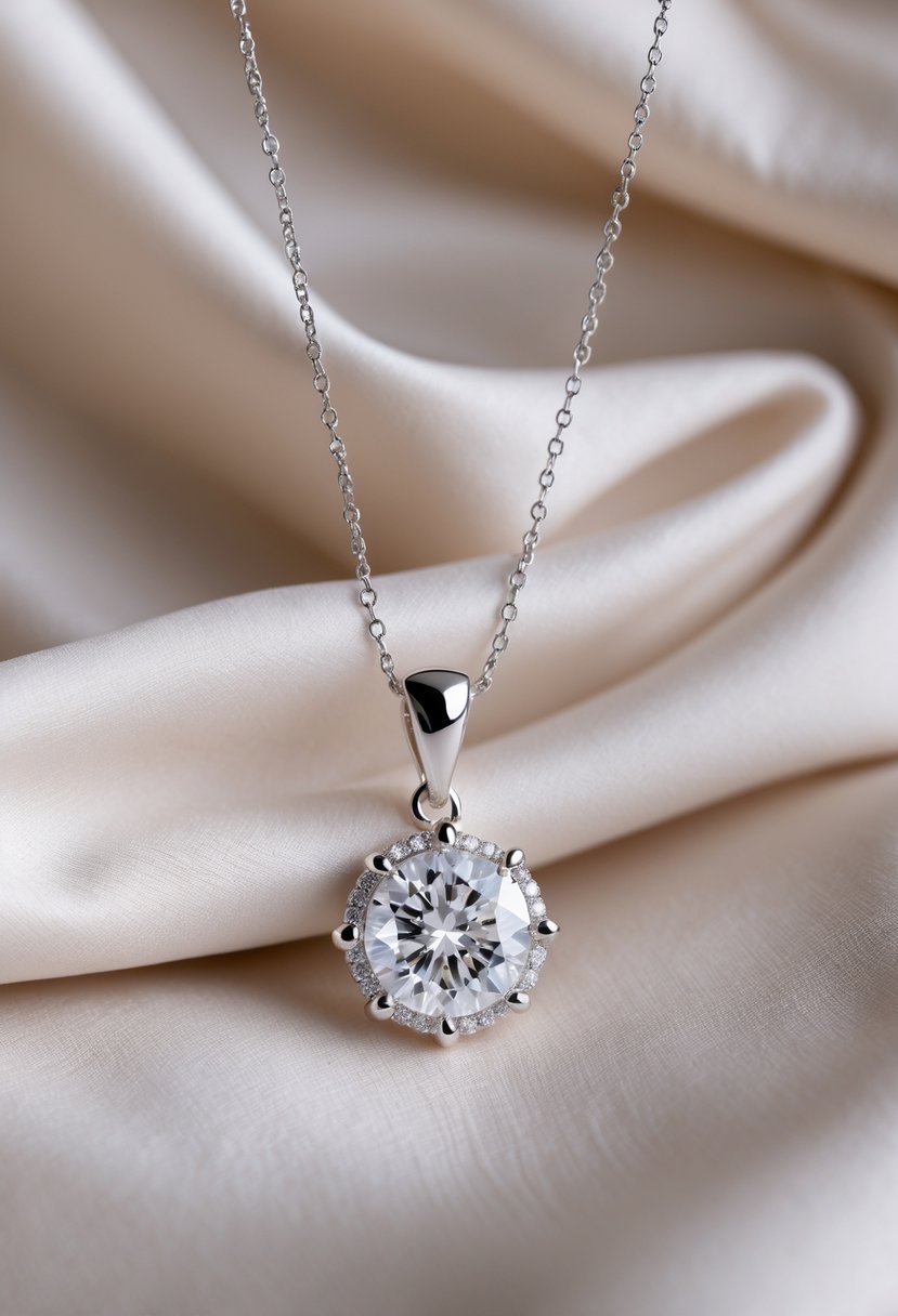 A sparkling Swarovski diamond pendant necklace displayed on soft fabric.