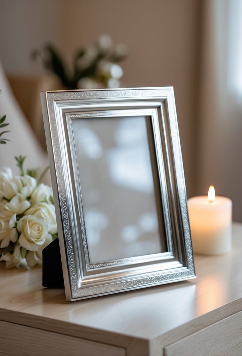 An engraved aluminum photo frame displayed on a wooden surface with flowers and a candle nearby.