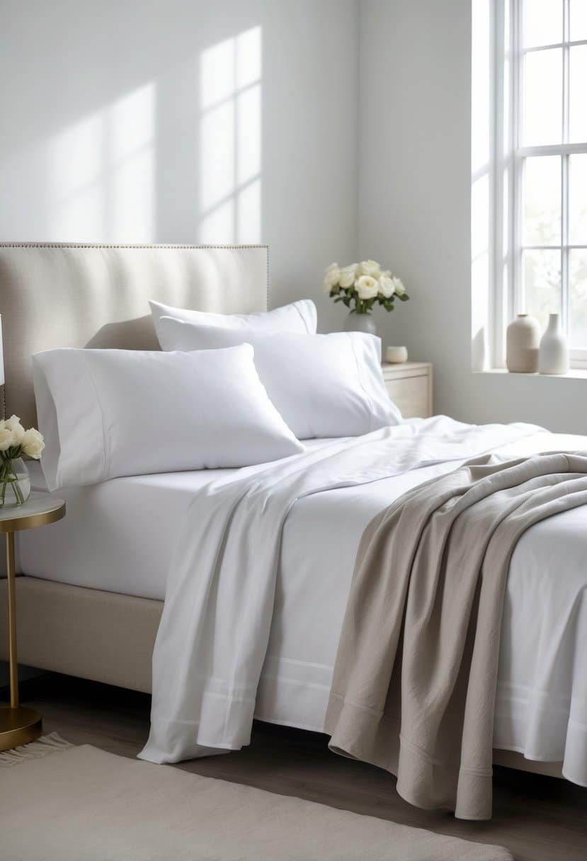 A neatly made bed with white luxury sheets in a bright bedroom with natural light and simple decor.