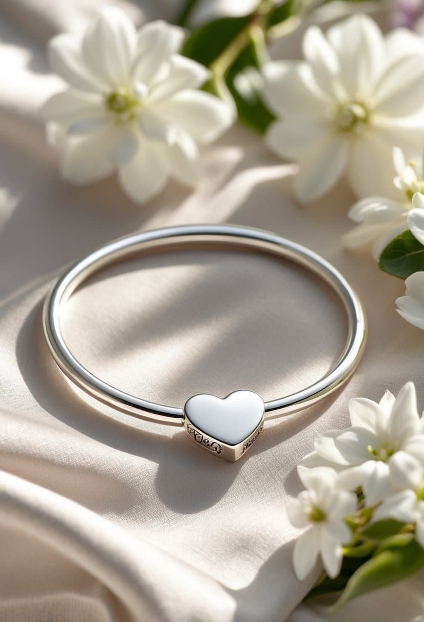 Close-up of a silver heart tag bracelet on a soft fabric background with white flowers nearby.