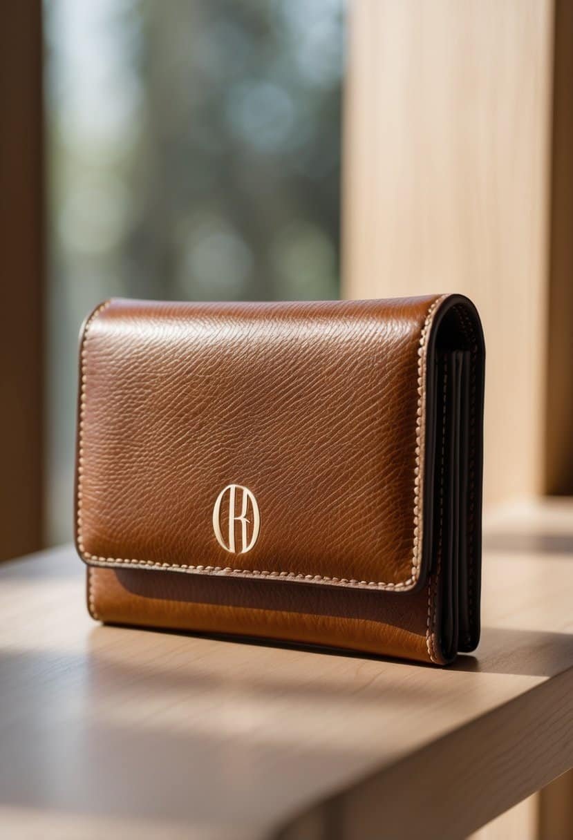 Close-up of a brown leather wallet with a monogram resting on a wooden surface.