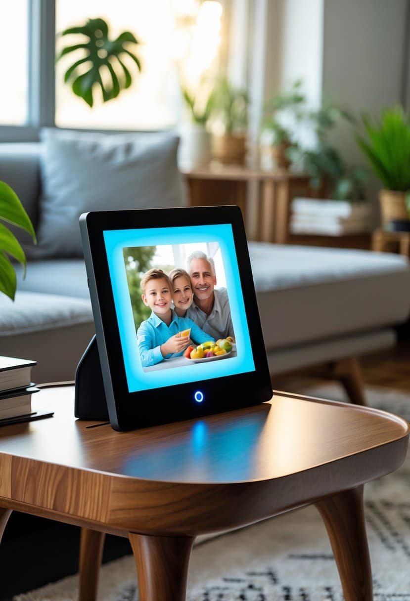 A Bluetooth smart picture frame displaying a family photo on a wooden side table in a cozy living room with plants and natural light.