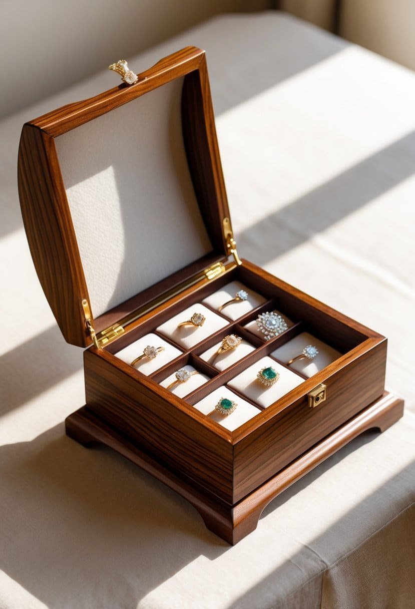 An open handcrafted wooden jewelry box displaying various gold and silver jewelry pieces on a light surface.