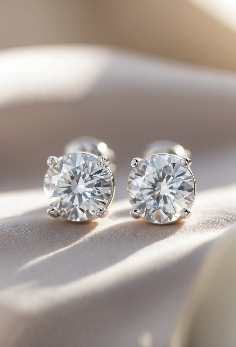 Close-up of a pair of sparkling diamond stud earrings on a soft fabric background.