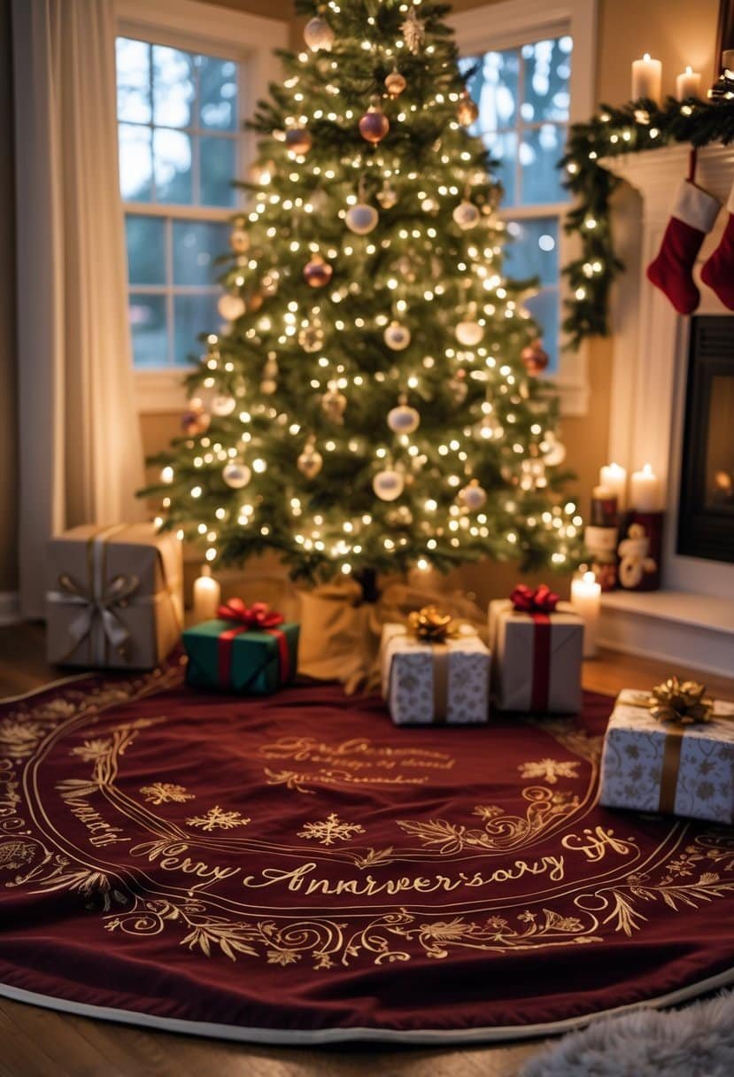 Christmas tree with a custom engraved tree skirt and wrapped anniversary gifts underneath in a cozy holiday living room.