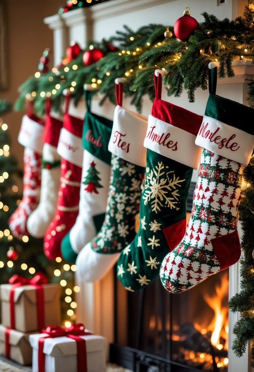 A fireplace mantel decorated with personalized Christmas stockings and holiday decorations, with wrapped gifts nearby.