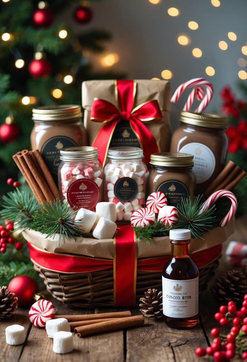 A festive gift basket filled with gourmet hot chocolate ingredients and holiday decorations on a wooden table.