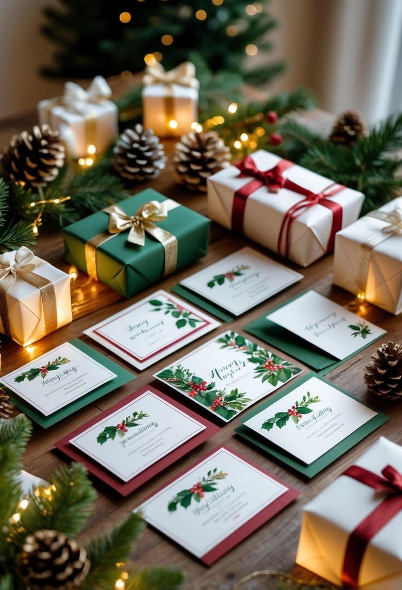 A set of holiday-themed anniversary cards arranged on a wooden table surrounded by pine branches, pinecones, fairy lights, and wrapped gifts.